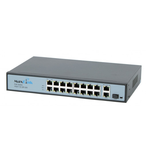 MaxLink PSAT-19-16P-250 PoE switch, 18x LAN/16x PoE 250m, 1x SFP, 802.3af/at, 150W